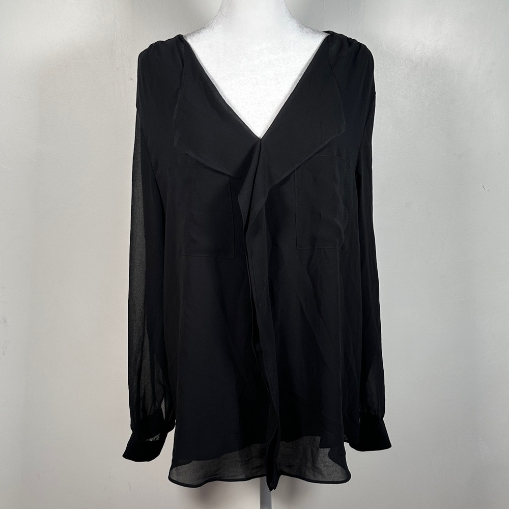 Calvin Klein Black Long Sleeve Blouse XL Elegant Sheer Top For Work Or Evening.
